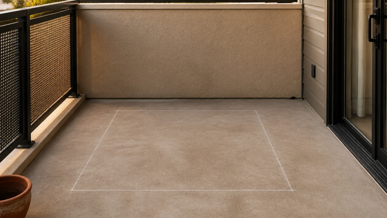 chalk outline marking a four foot square seating zone on balcony concrete