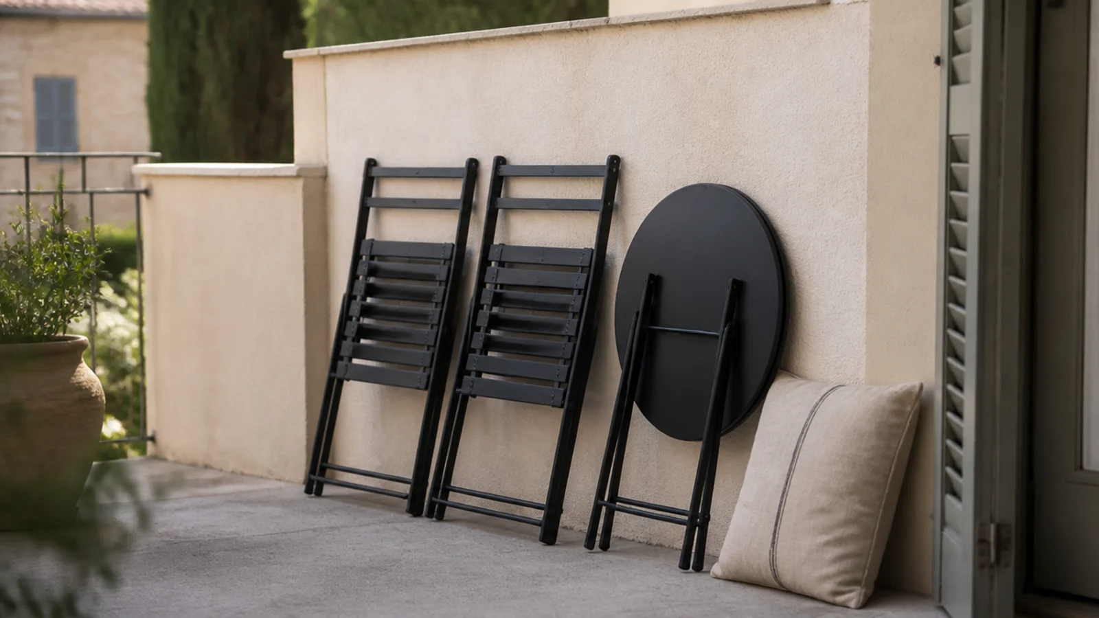 folding metal bistro chairs stacked flat against a cream balcony wall
