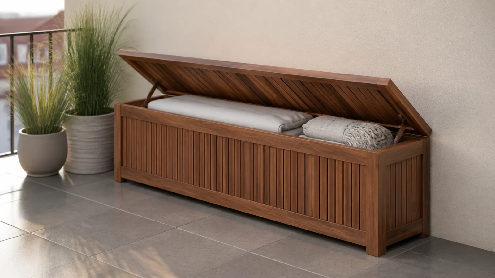 narrow lidded storage bench with linen cushions on a small balcony