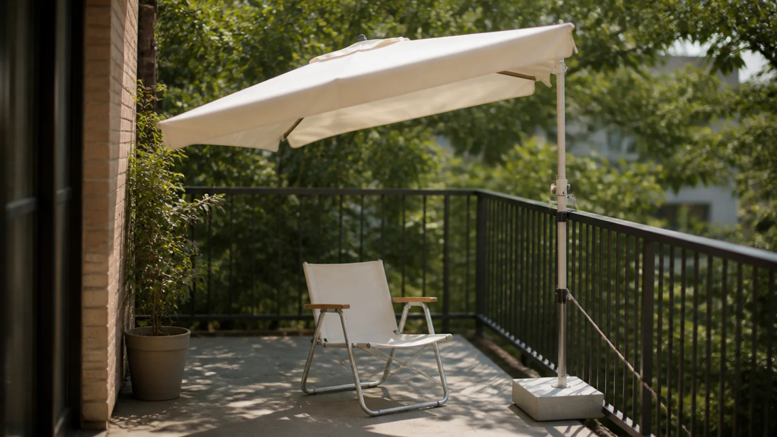 small clamp umbrella shading a balcony chair with a weighted base