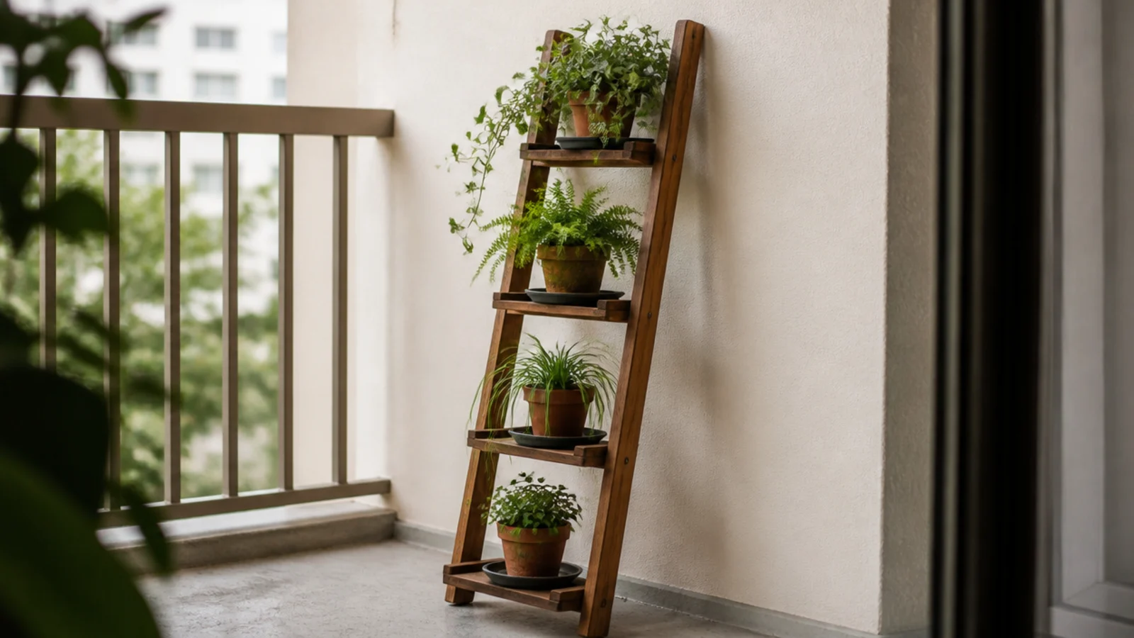 wooden ladder plant stand holding trailing greenery on a narrow balcony