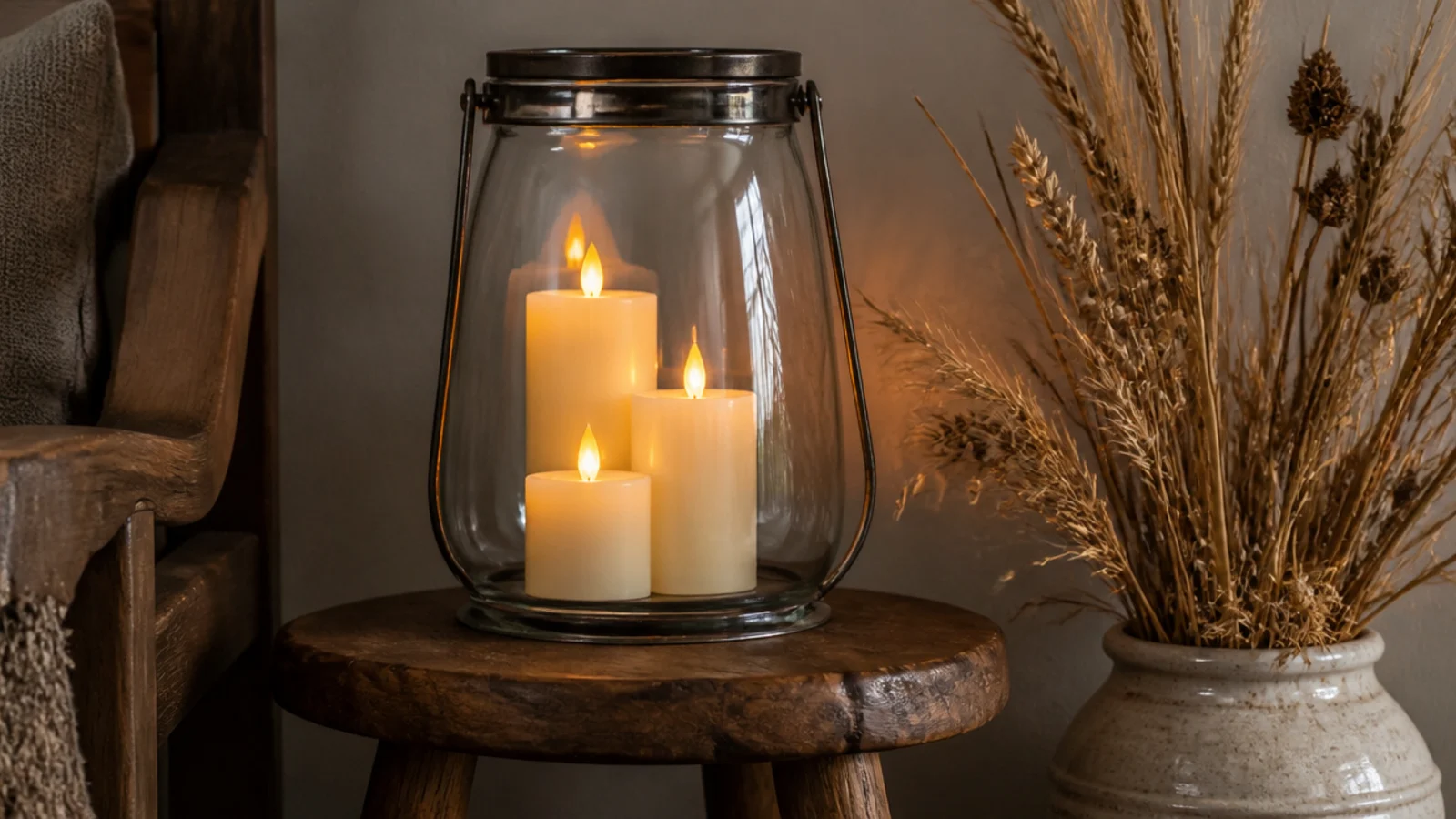 three flameless LED pillar candles flickering in a glass storm lantern