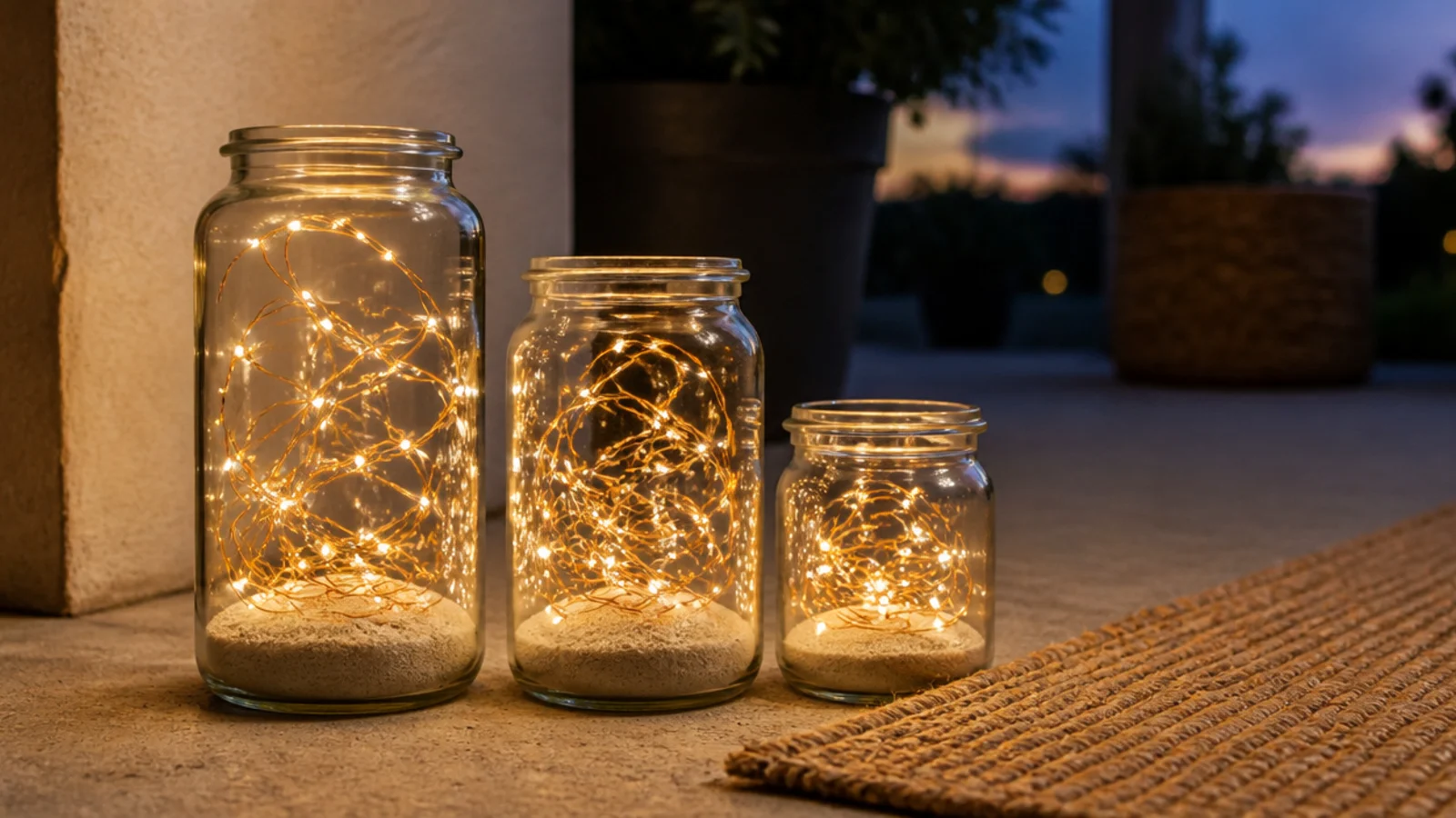 cluster of glass jars filled with battery fairy lights on balcony floor