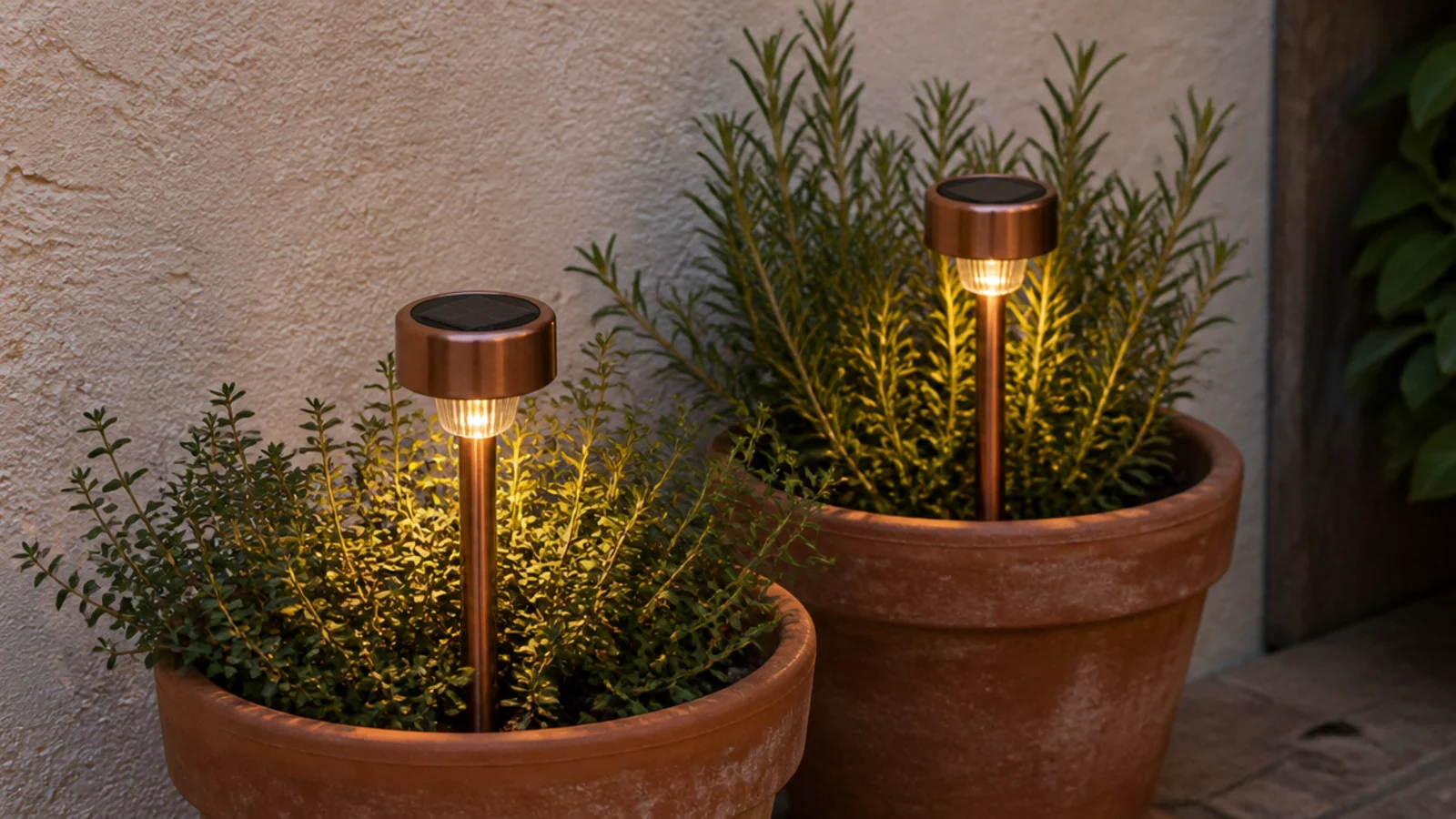 small solar stake lights glowing among herbs in terracotta balcony pots