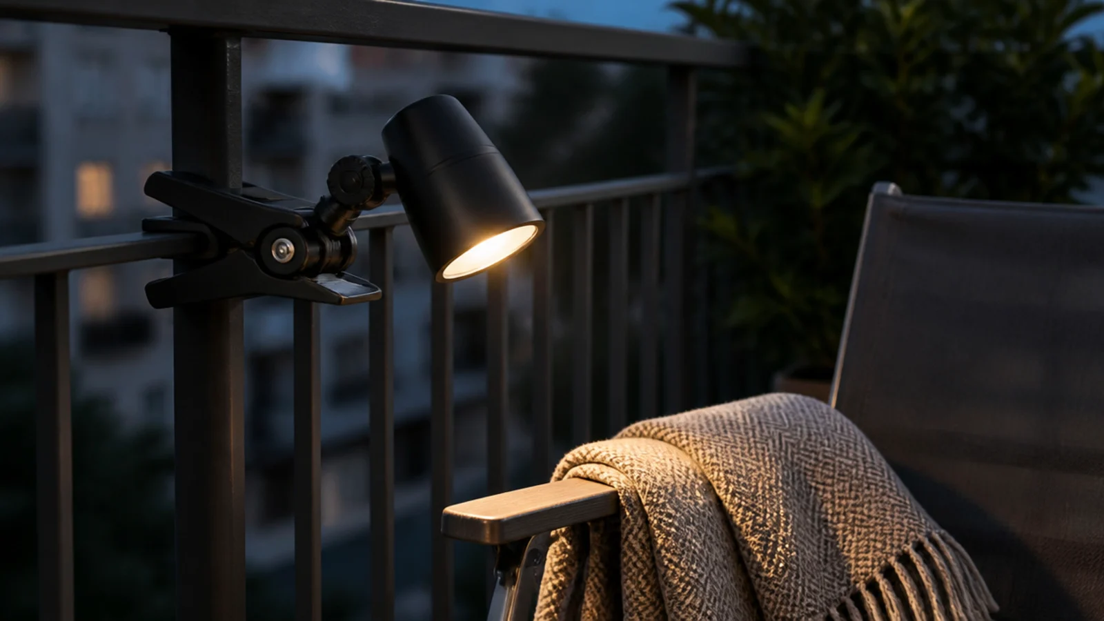 small clamp light gripping the inside of an apartment balcony railing