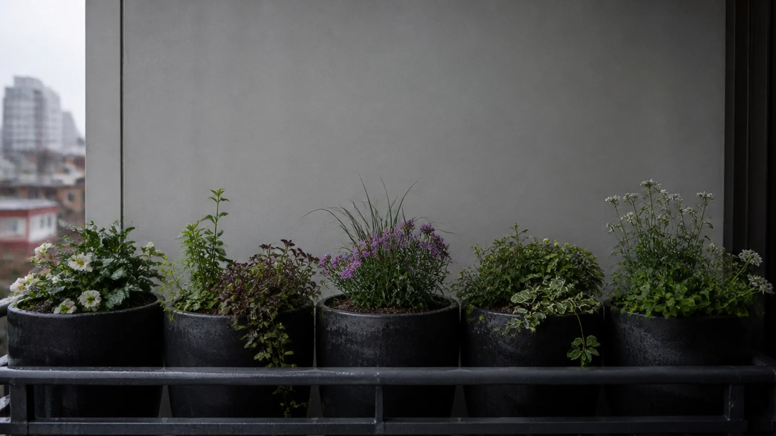 row of large heavy planters massed along the outer edge of a balcony
