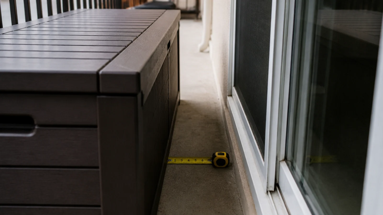 storage bench narrowing the walkway beside a balcony sliding door