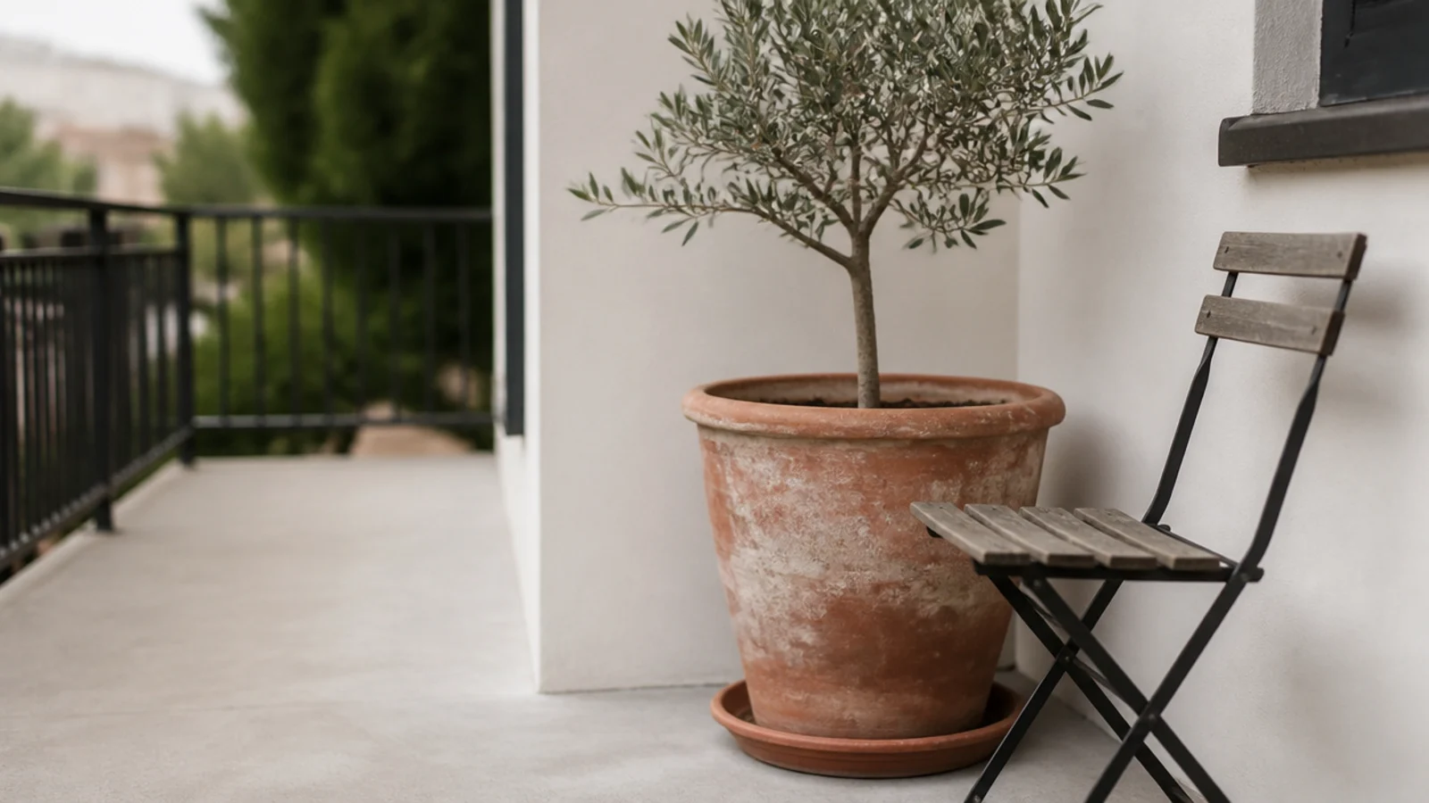 single large planter anchoring a balcony corner beside a folding chair
