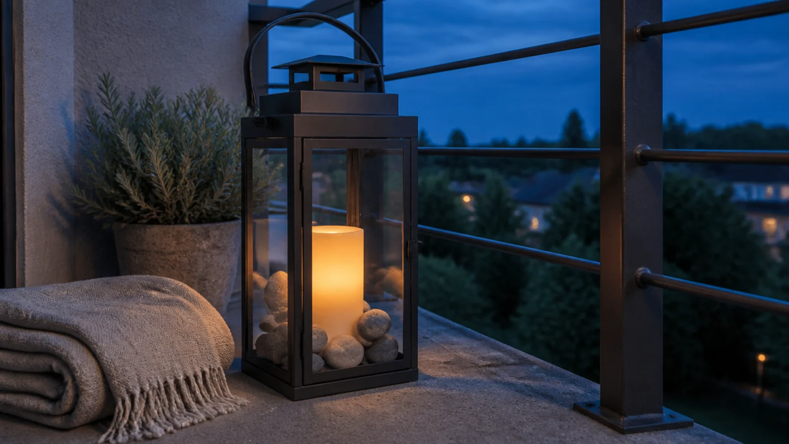 heavy iron floor lantern anchoring the corner of a small balcony