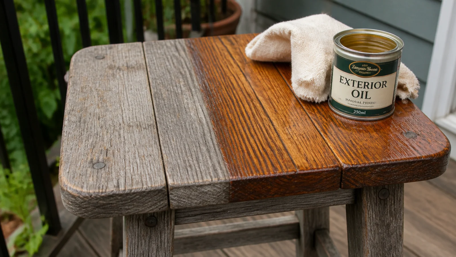 weathered wooden stool half restored with oil on a balcony floor