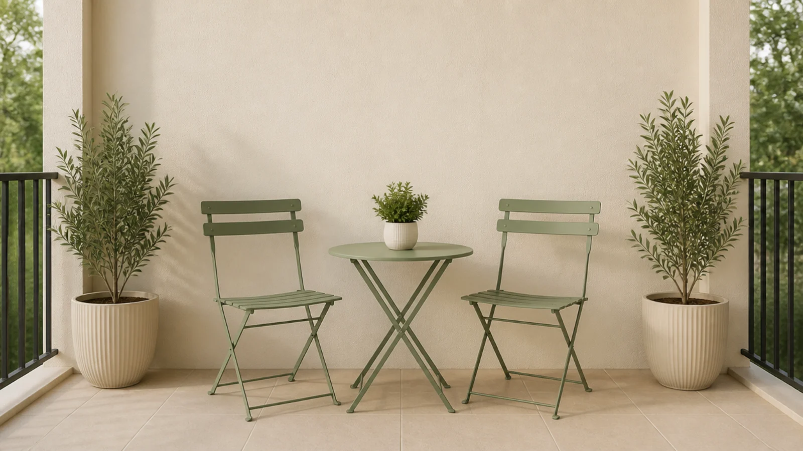 two matching chairs and paired planters arranged symmetrically outdoors