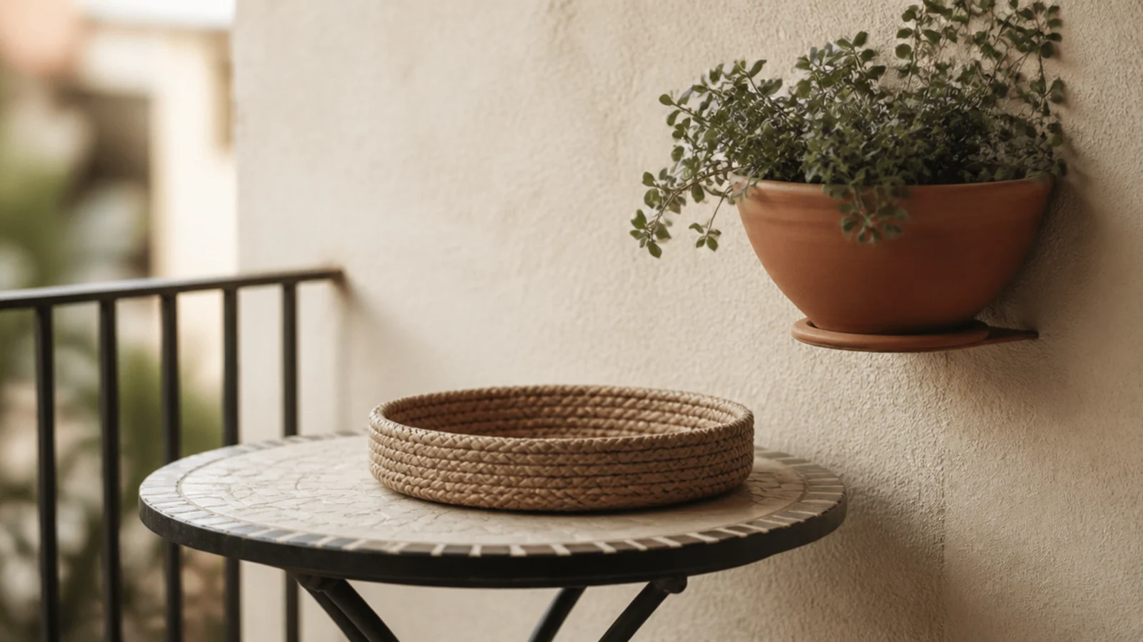 three round forms repeated across a styled balcony corner
