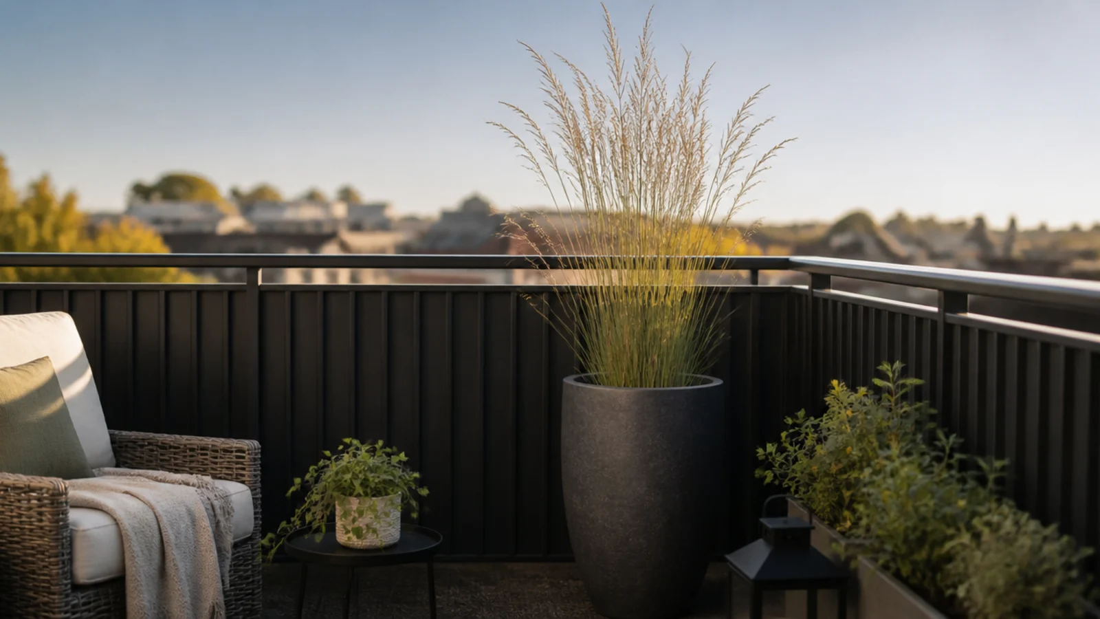low balcony furniture with a single tall grass breaking the skyline