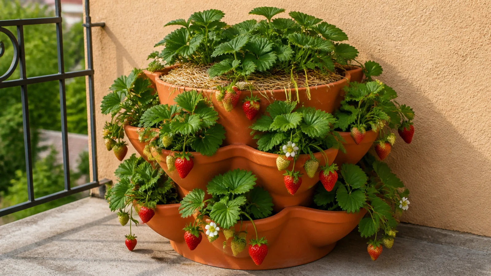 strawberry plants fruiting in a tiered stacked planter on a balcony