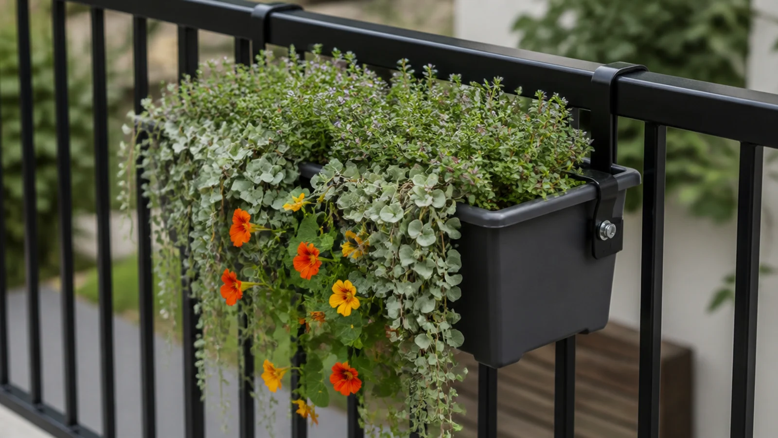 trailing greenery spilling from a rail box mounted inside the balustrade