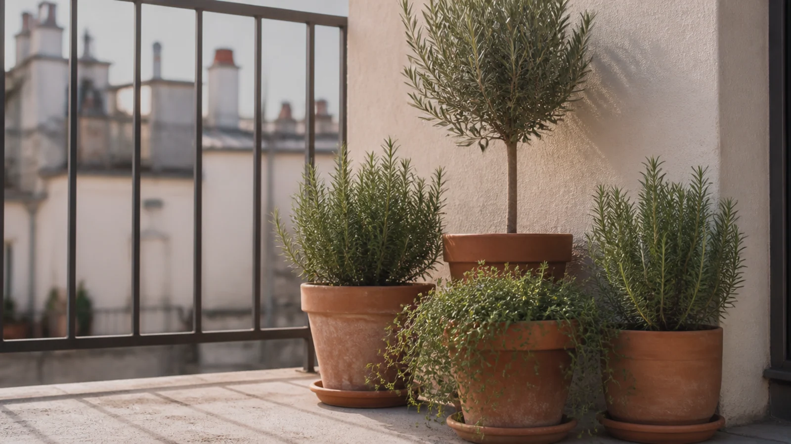 sunny apartment balcony with layered potted plants against a stucco wall
