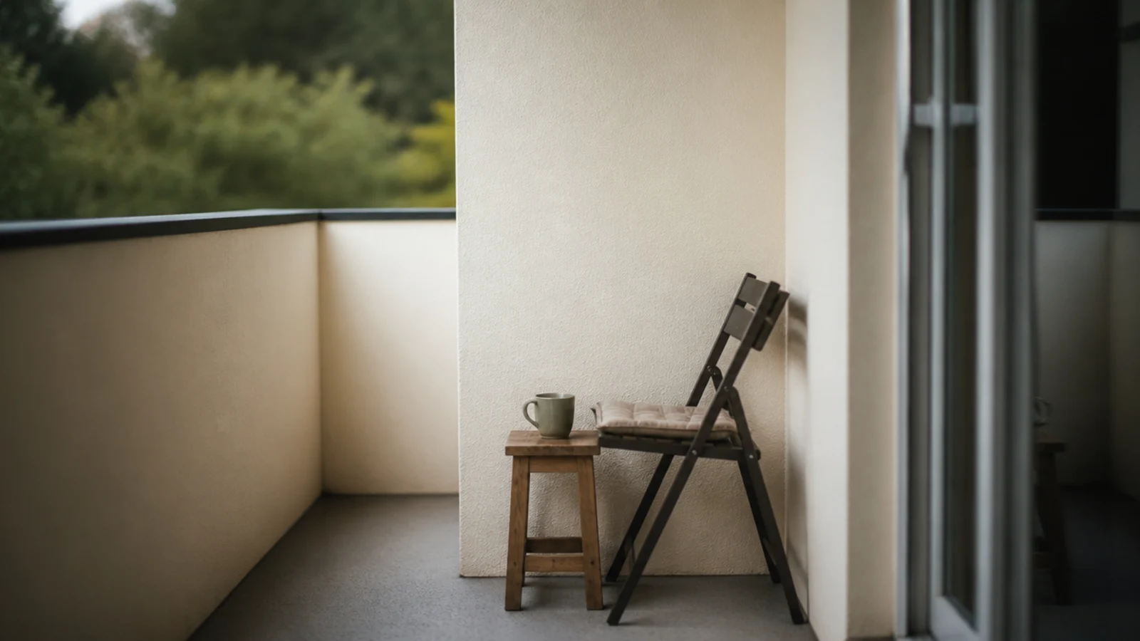 balcony chair repositioned against the building wall for privacy