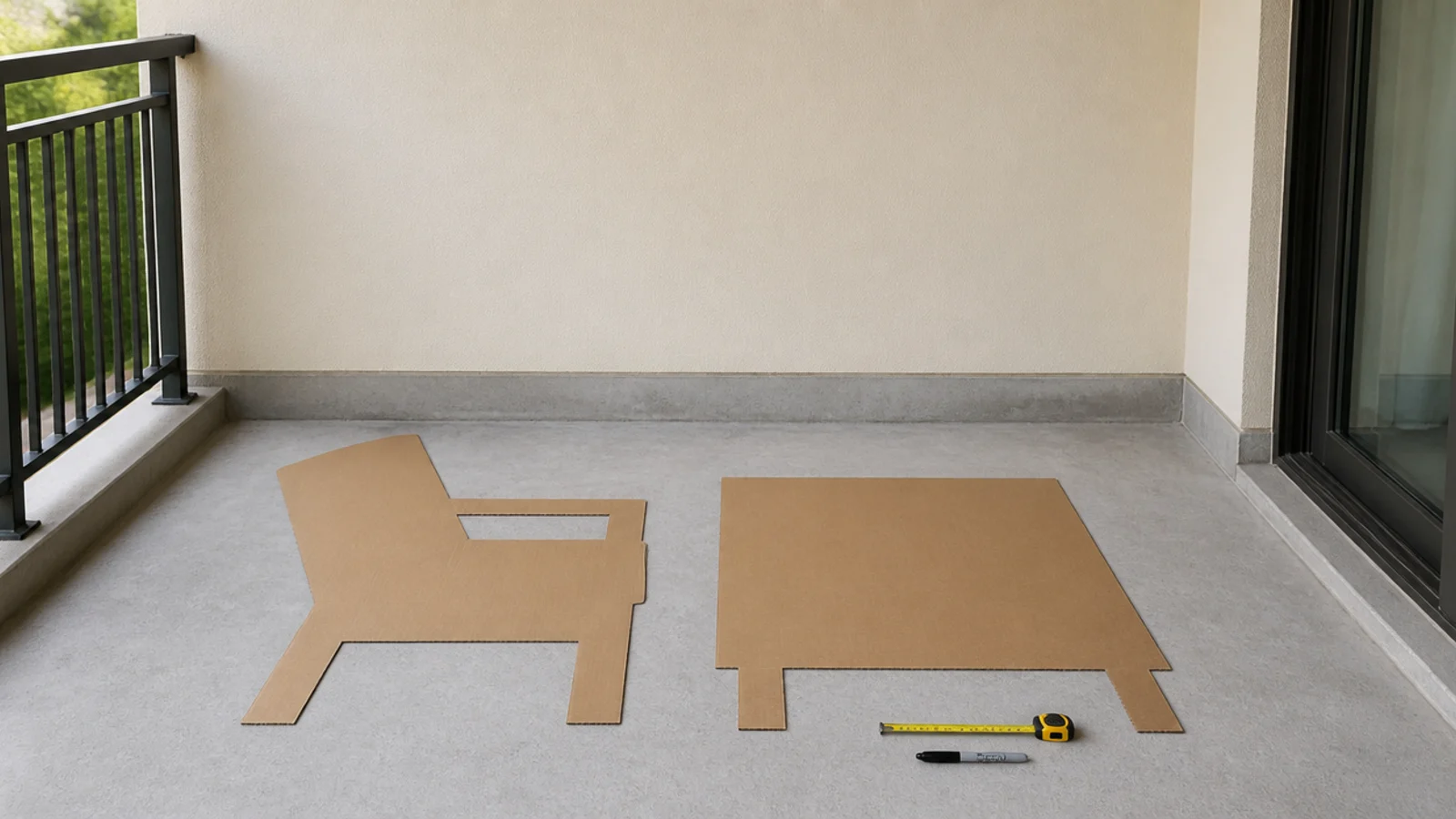 cardboard templates laid out to test balcony seating footprints