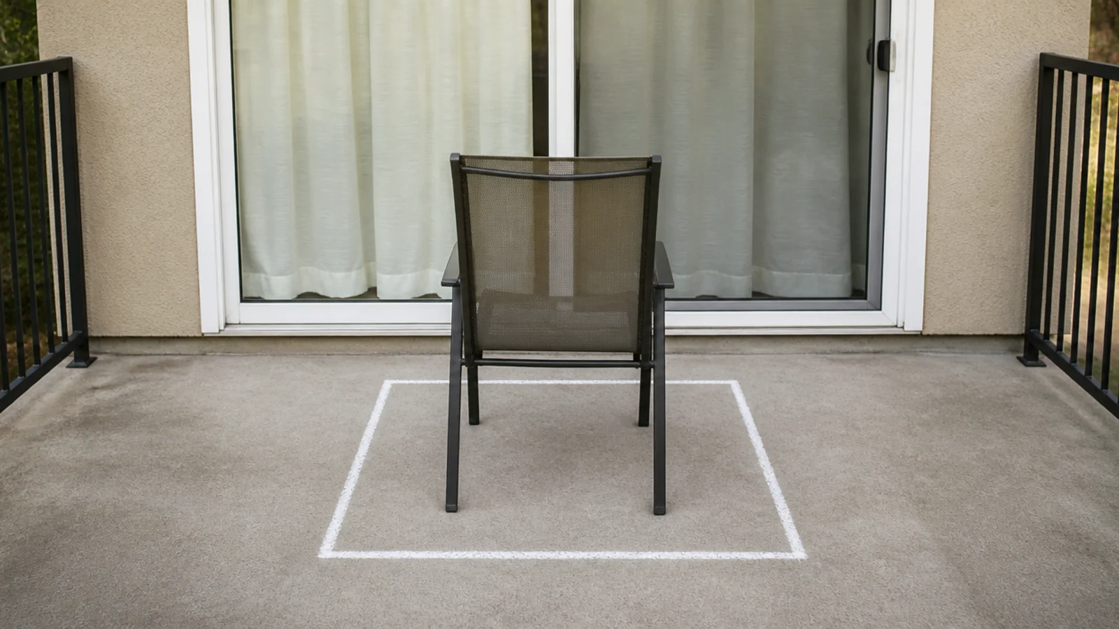chalk square marking a four foot seating zone on balcony concrete