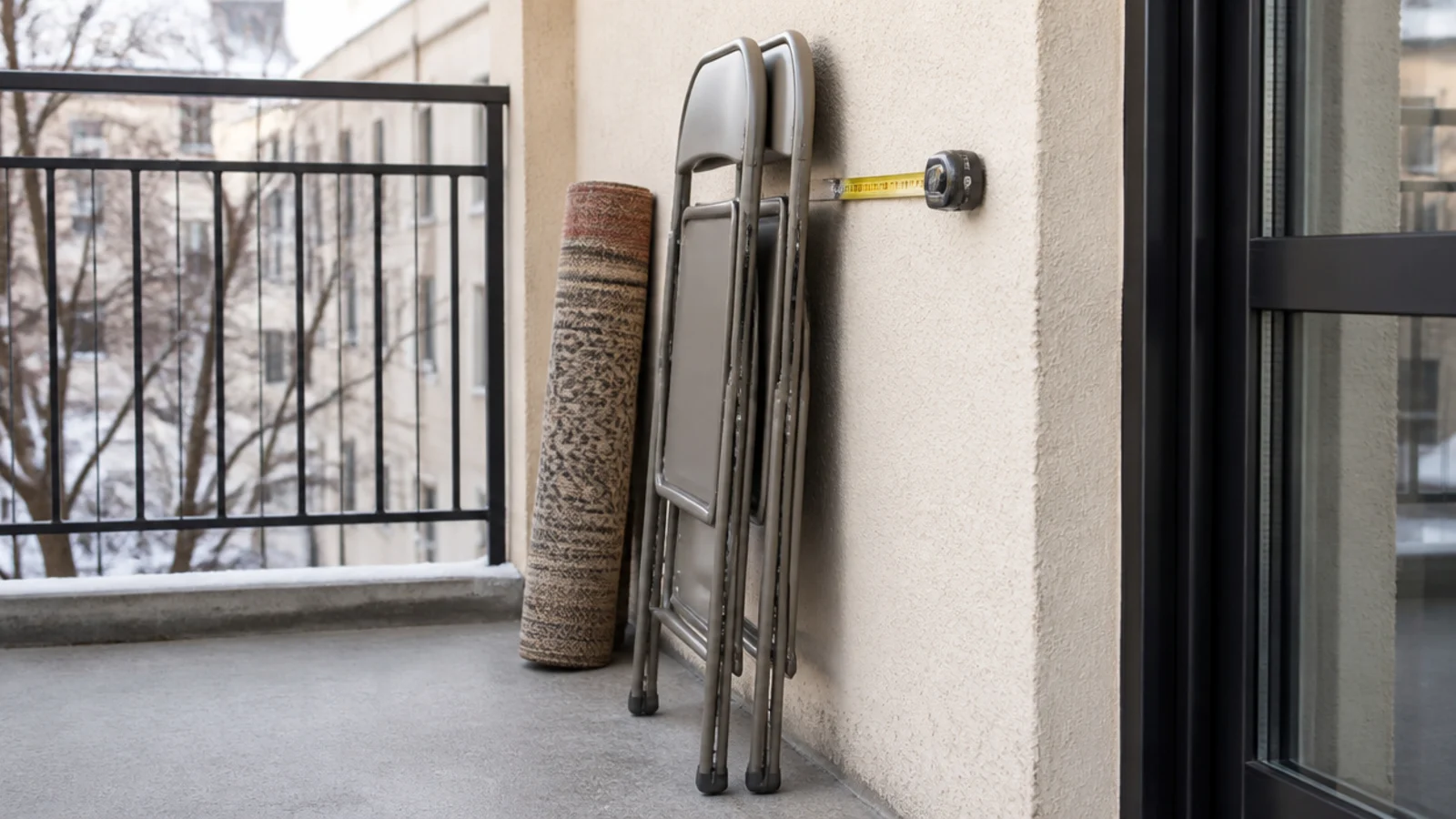two folded balcony chairs leaning flat against a stucco wall