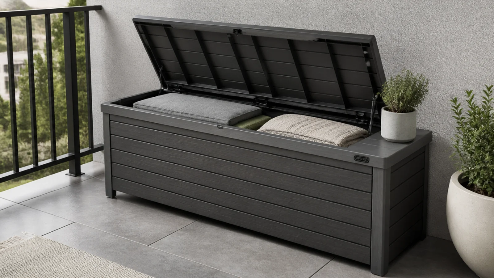 lidded storage bench open showing cushions stored on a balcony