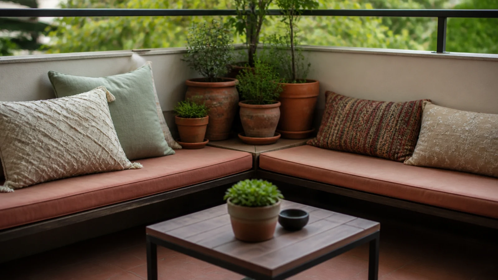 corner bench seating tucked into the end of a small balcony