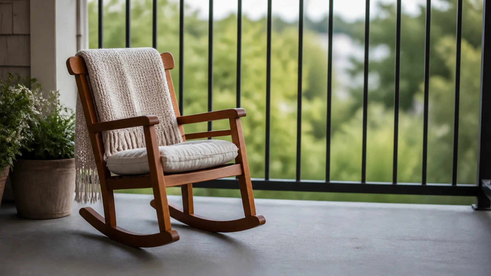 small outdoor rocking chair with clear space behind it on a balcony