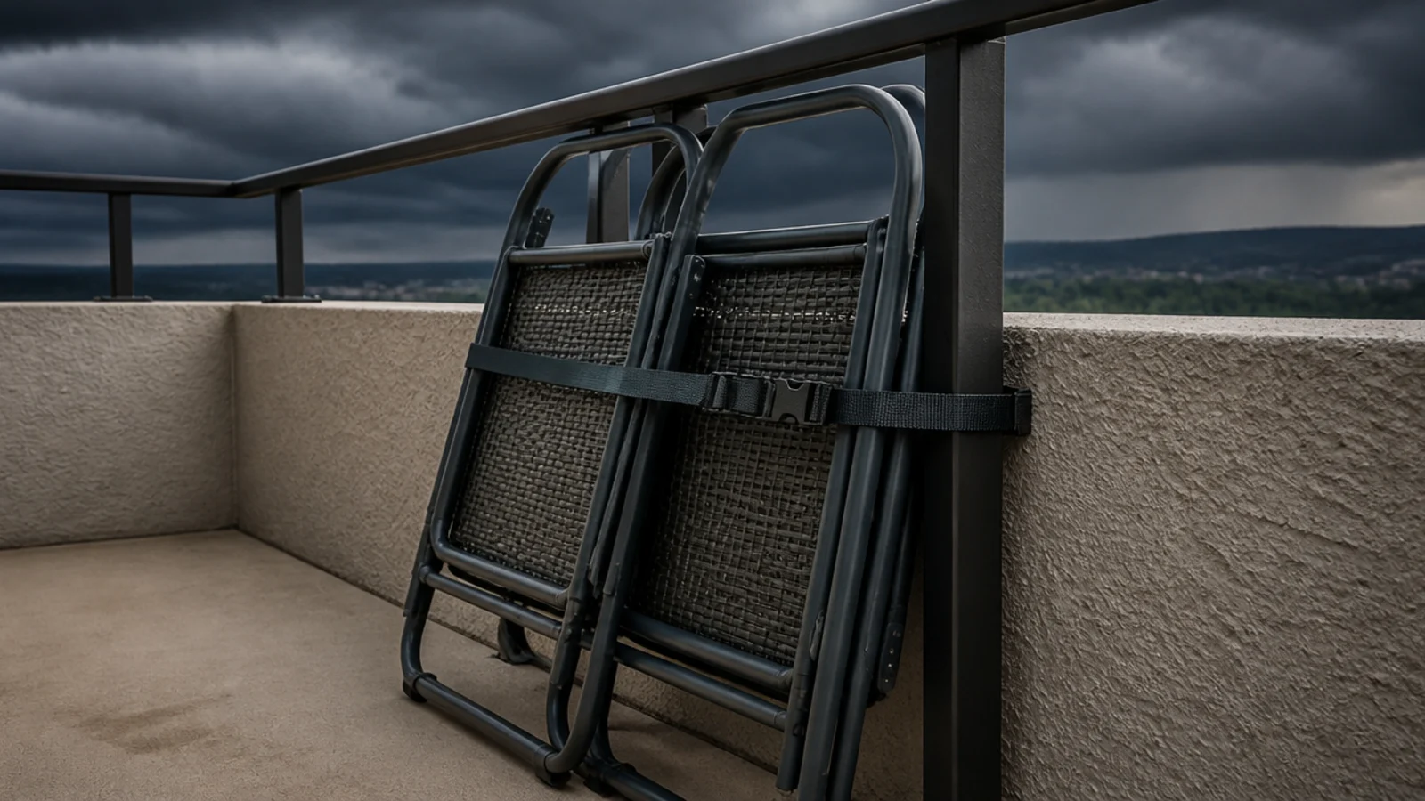 folded chairs strapped to a balcony post before a storm