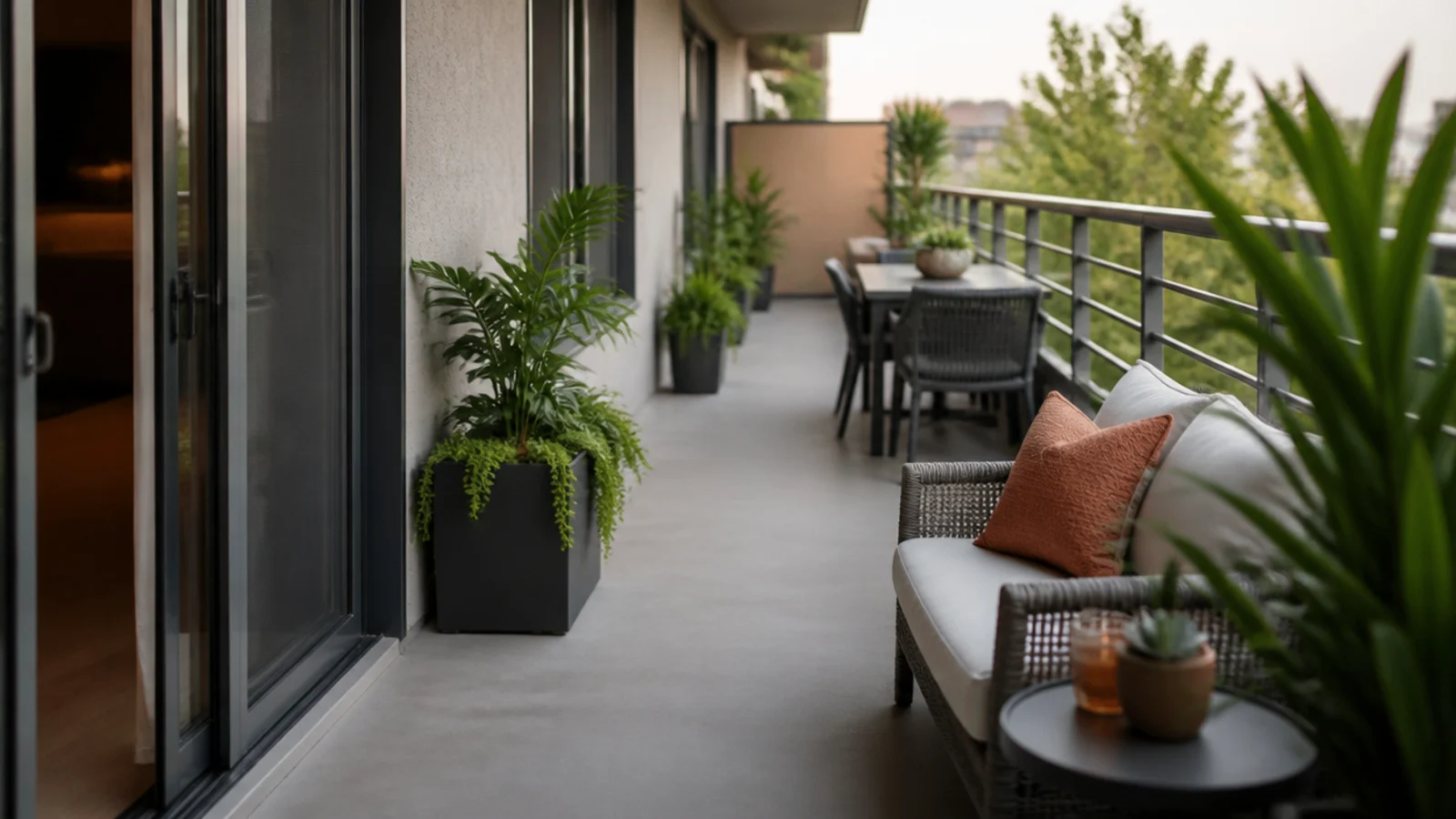 clear walkway running past balcony seating to the sliding door