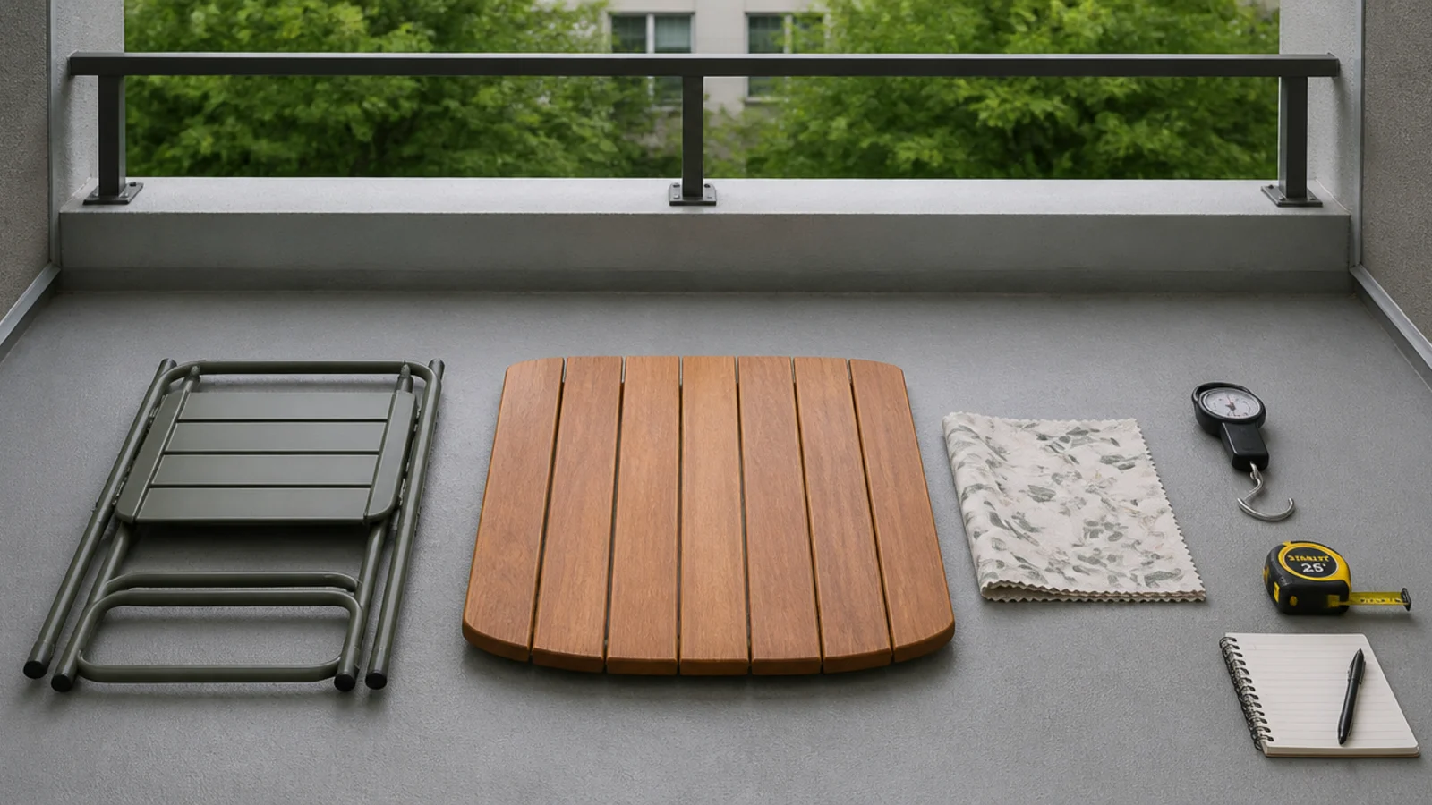 balcony furniture samples being weighed and measured on a concrete slab