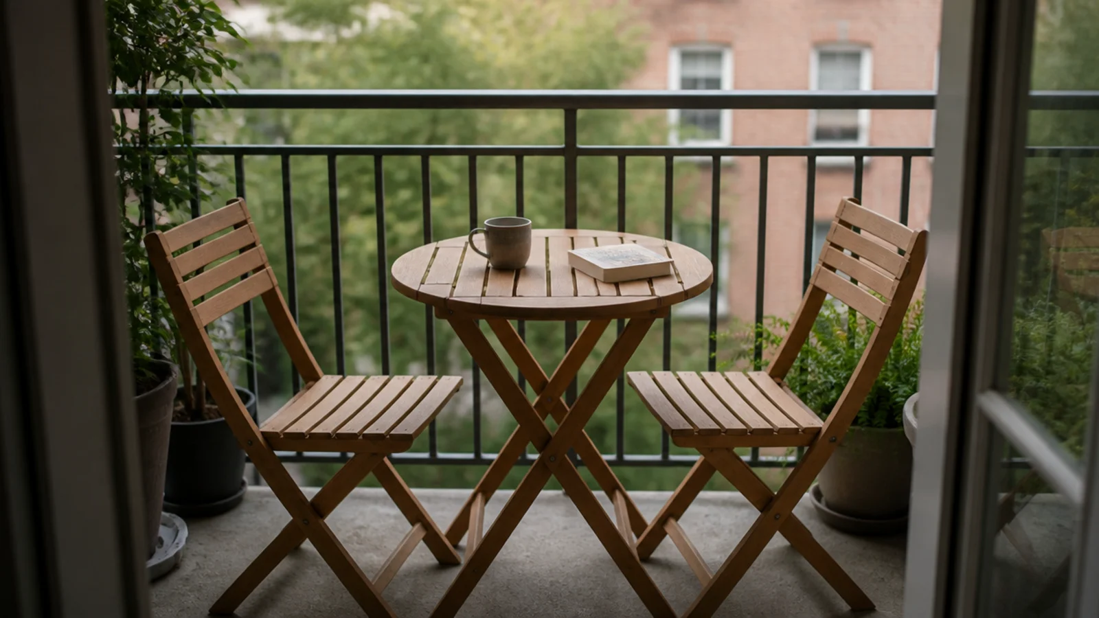 folding acacia bistro table and two chairs set up on a small balcony