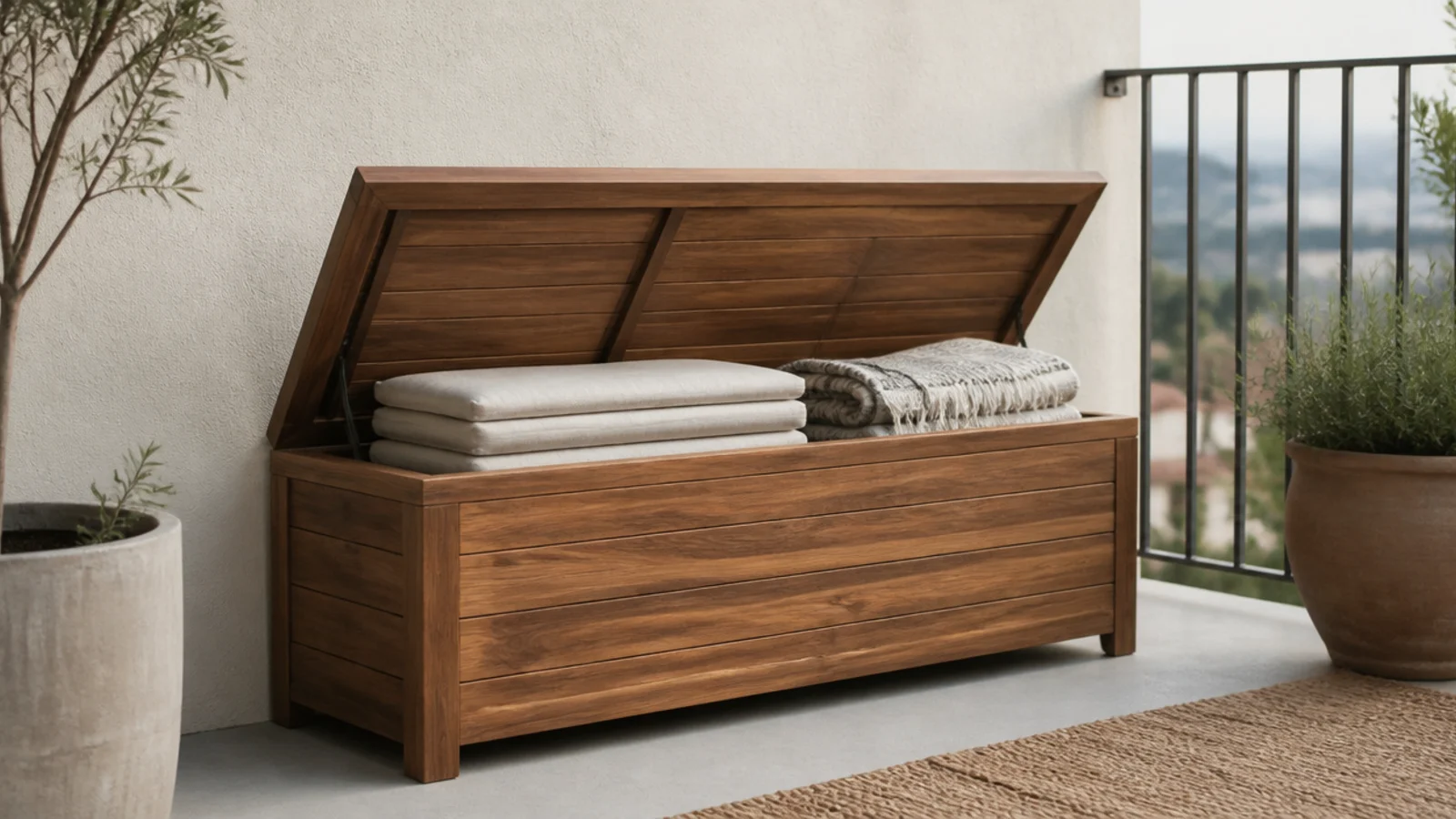 narrow lidded storage bench against a balcony wall holding cushions