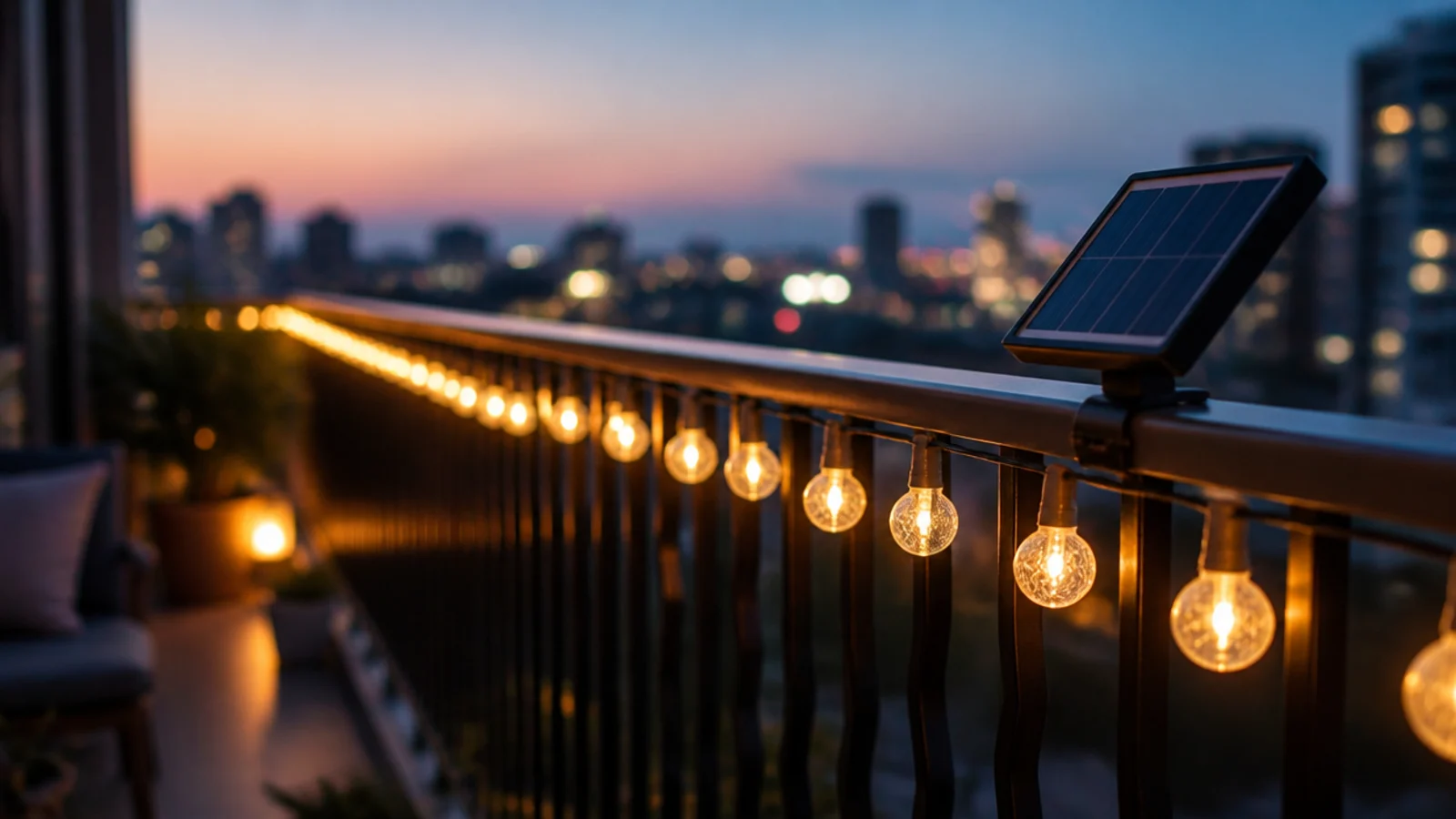 warm solar bulb string glowing inside a balcony railing at dusk