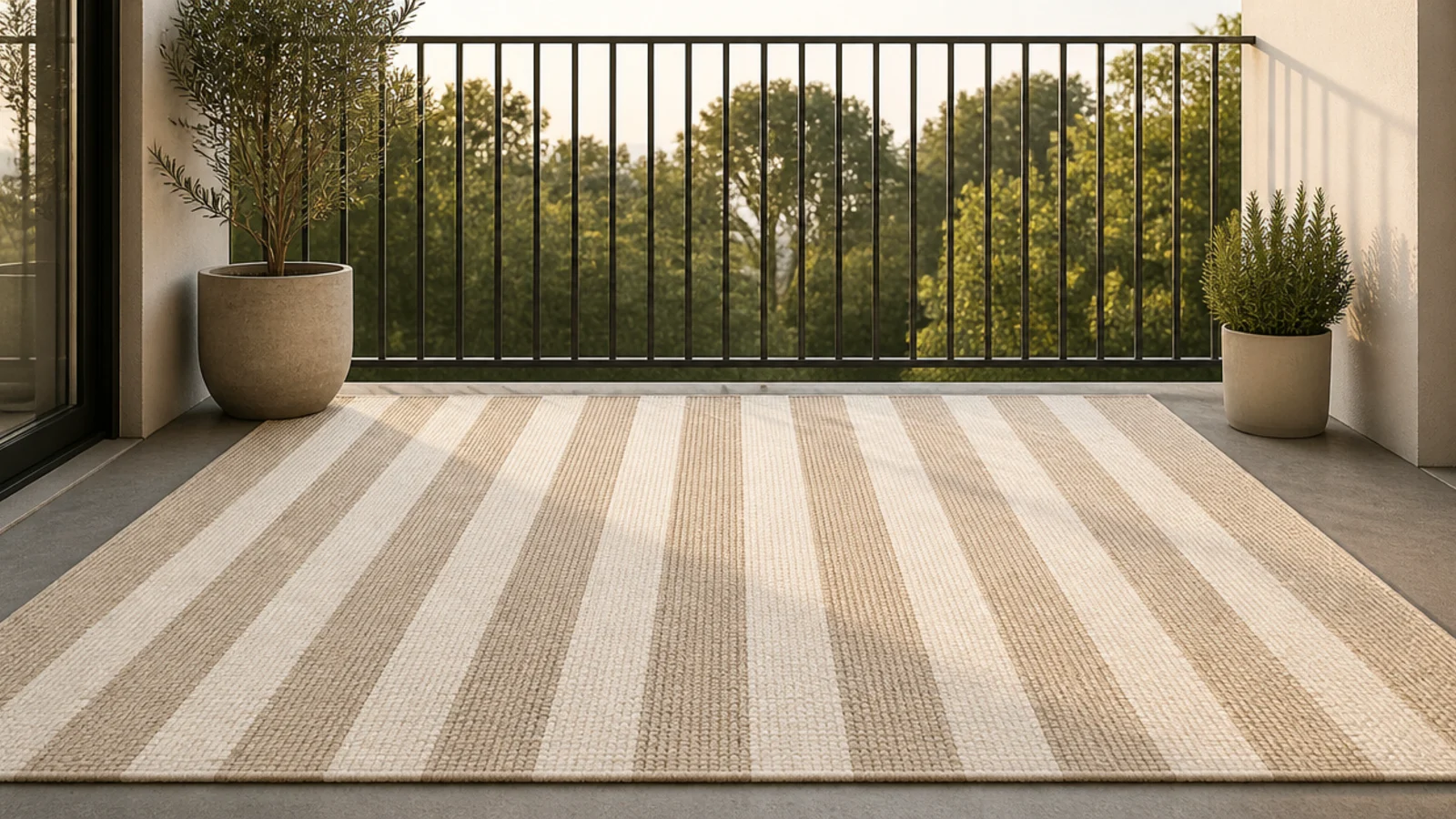 cream flatweave outdoor rug layered over a small balcony floor