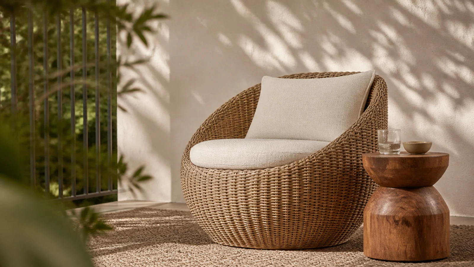 woven PE wicker chair with linen cushion on a sunny balcony