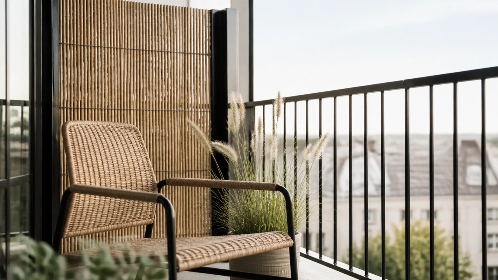 reed screening softening one section of a boho balcony railing