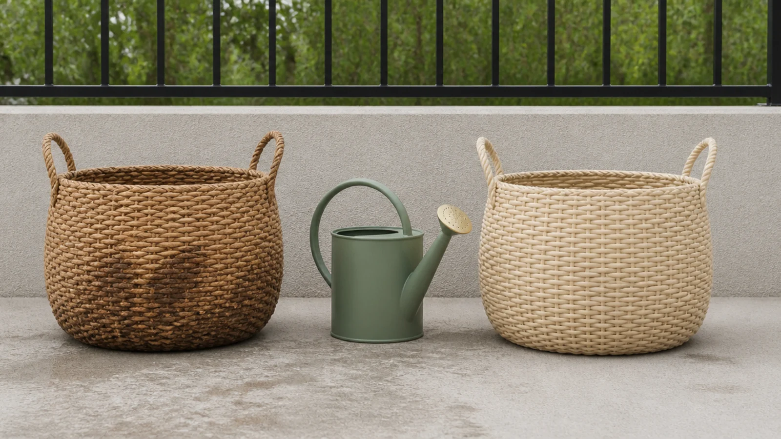 polypropylene woven basket beside a natural seagrass basket outdoors
