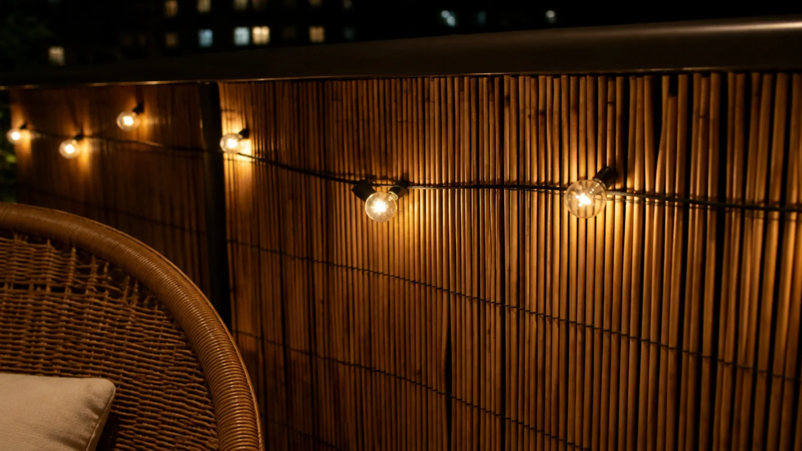 string lights threaded through reed screening on a balcony at night