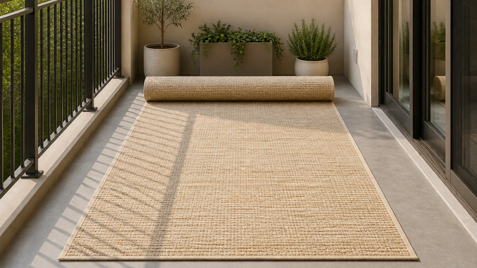 sand flatweave outdoor rug unrolled across small balcony concrete