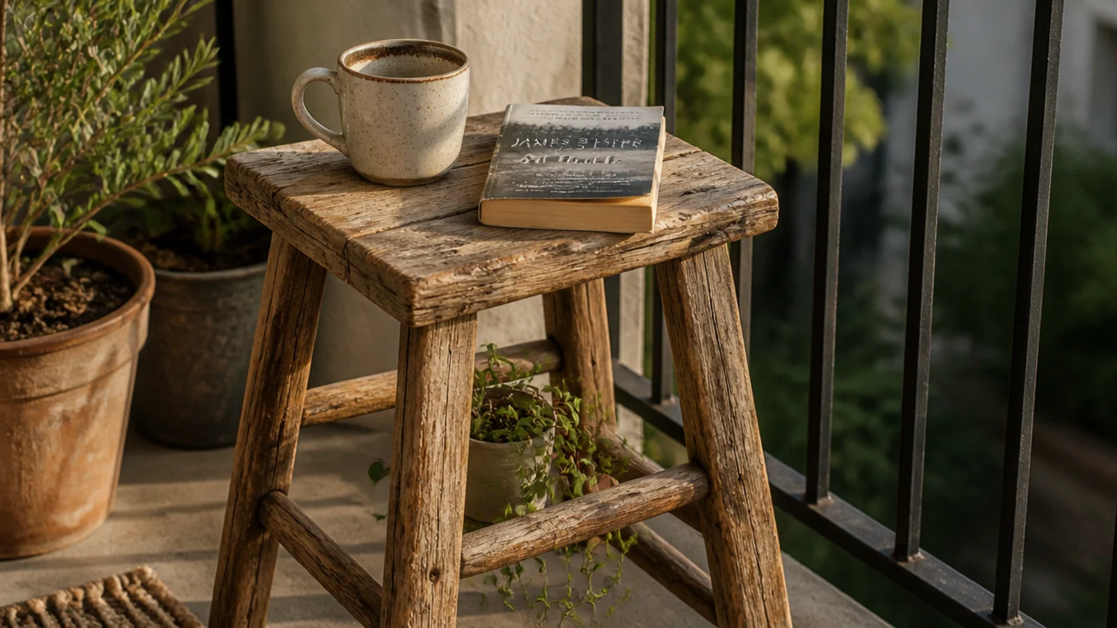 worn thrifted wooden stool used as a balcony side table with mug
