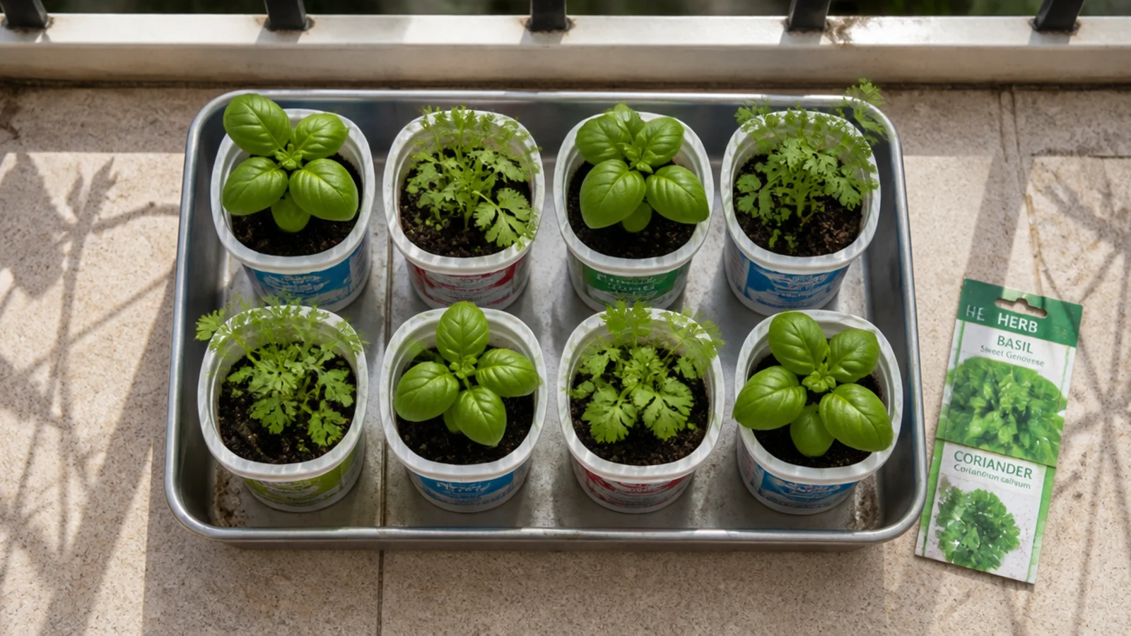 seedlings sprouting in reused yogurt pots on a sunny balcony tray