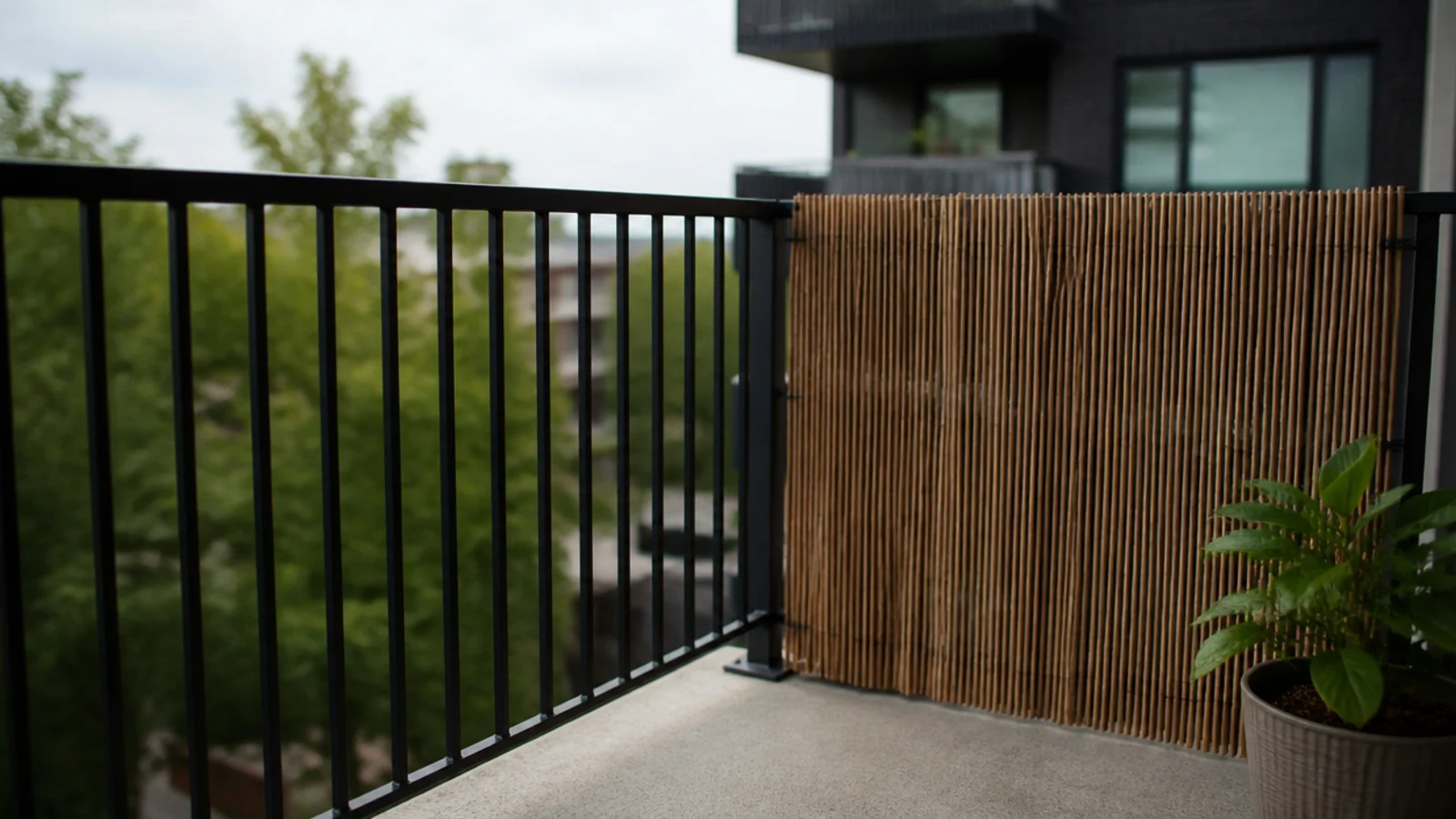 natural reed fencing screening one corner inside a balcony railing