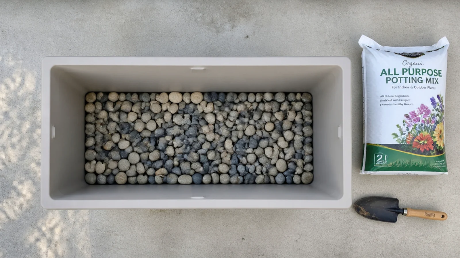 flat stones layered in the base of a lightweight balcony planter