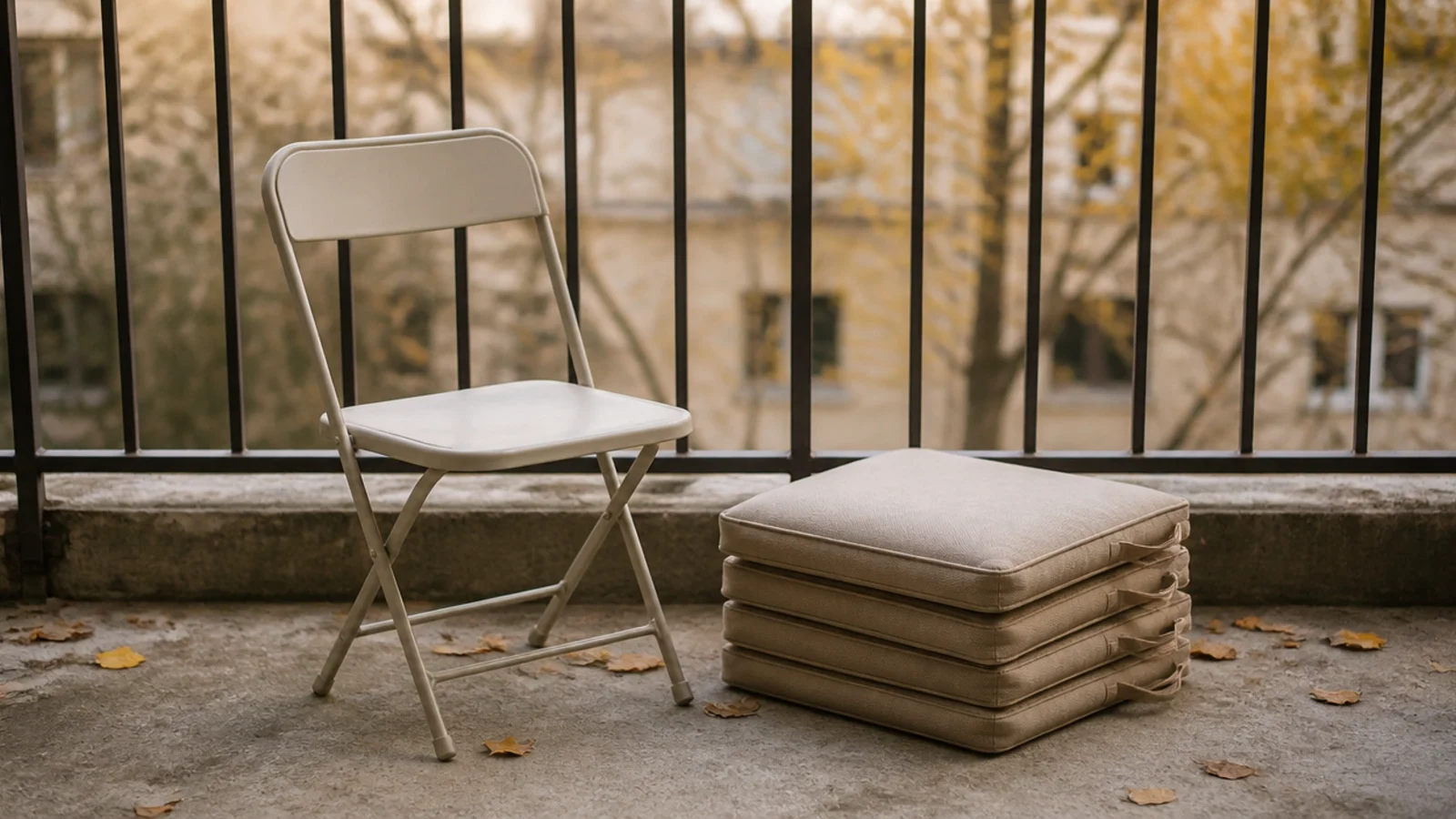 discounted folding balcony chair and cushions on a clearance shelf