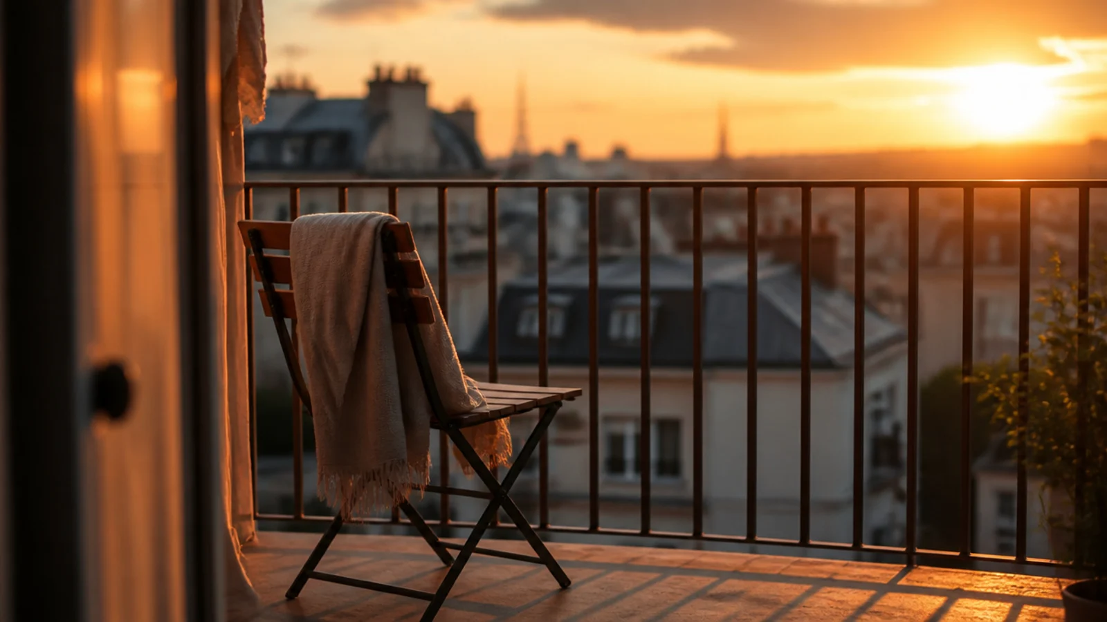 balcony chair angled toward a distant rooftop view at sunset