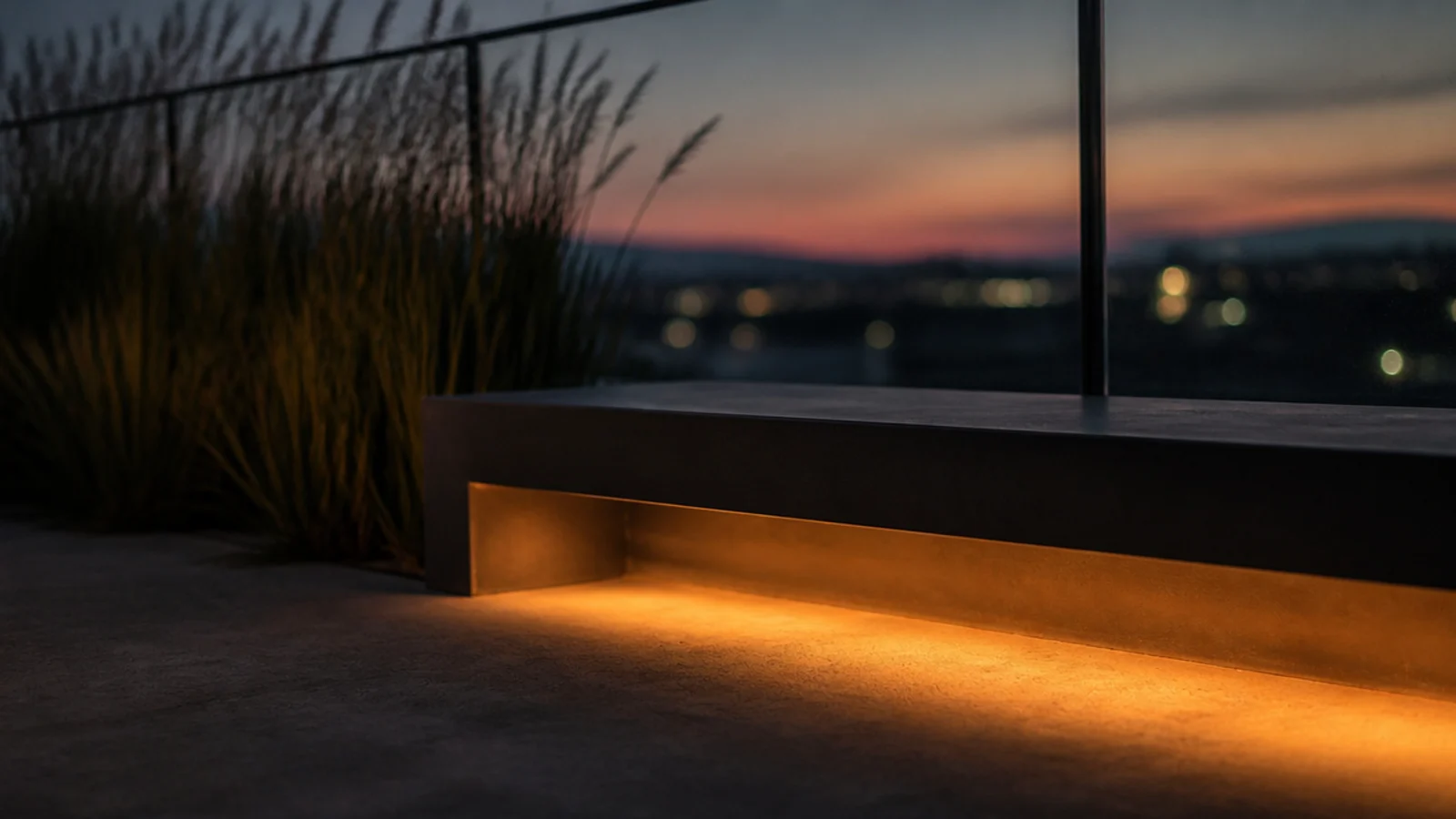 warm glow under a balcony bench with no visible light fixture
