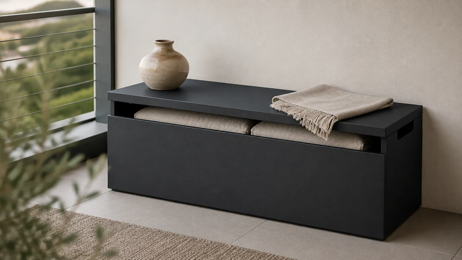 flat lidded charcoal storage bench doubling as a balcony plinth