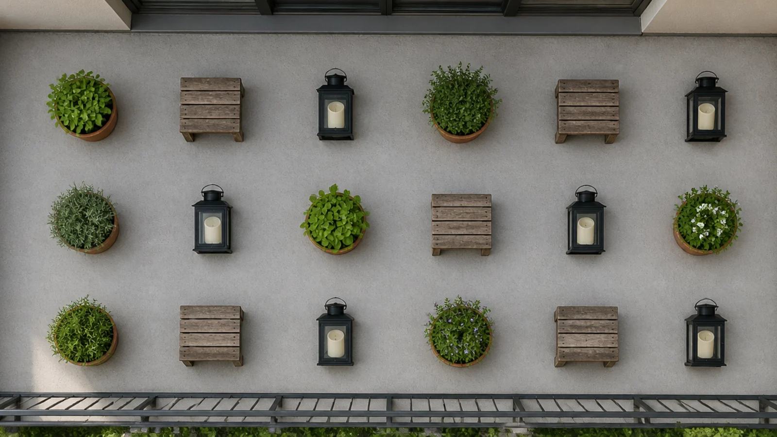 balcony objects spaced evenly on an invisible grid across concrete