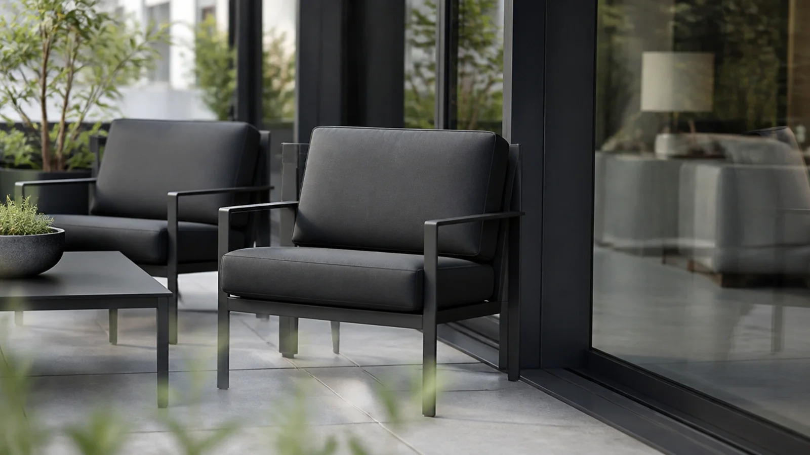 balcony furniture finished to match the dark aluminium door frame