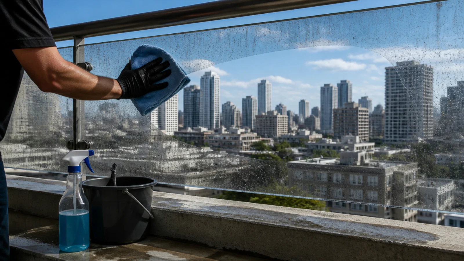 cloth wiping city grime from a glass balcony balustrade panel